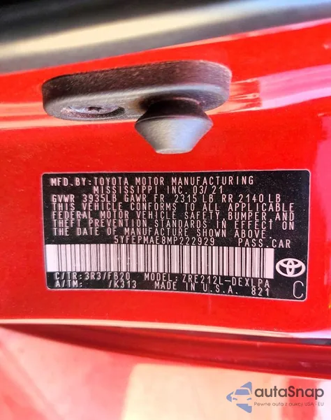 2021 Toyota Corolla Le from USA, damaged, VIN 5YFEPMAE8MP222929